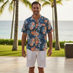 NWT Margaritaville Men’s Hawaiian Shirt Blue Orange Floral Print Island Resort L